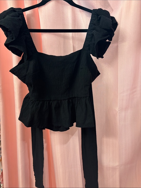Alya Tops - Alya Black Ruffle Tie-Back Peplum Camisole
